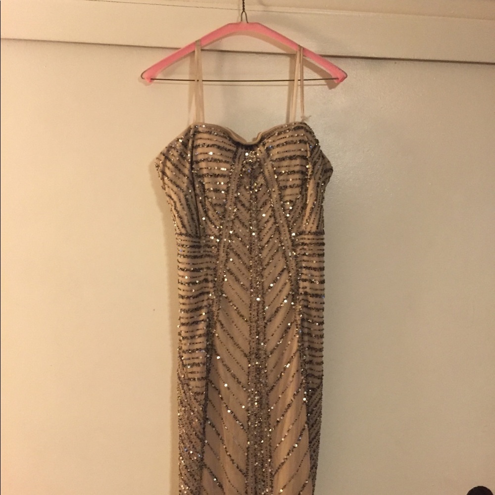 Strapless champagne sequins party dress